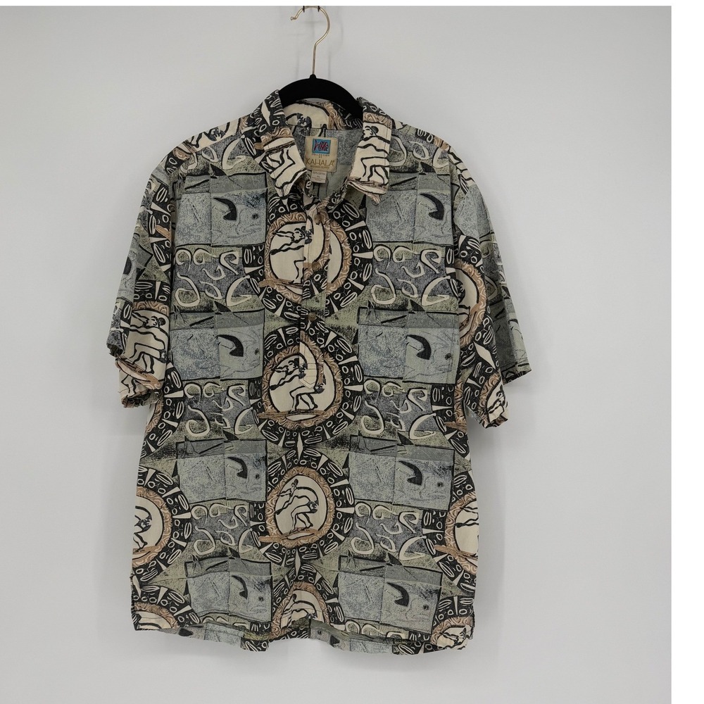 Kahala Mens XL Hawaiian Shirt Cotton Short Sleeve Surfer Tribal Print Grey Tan